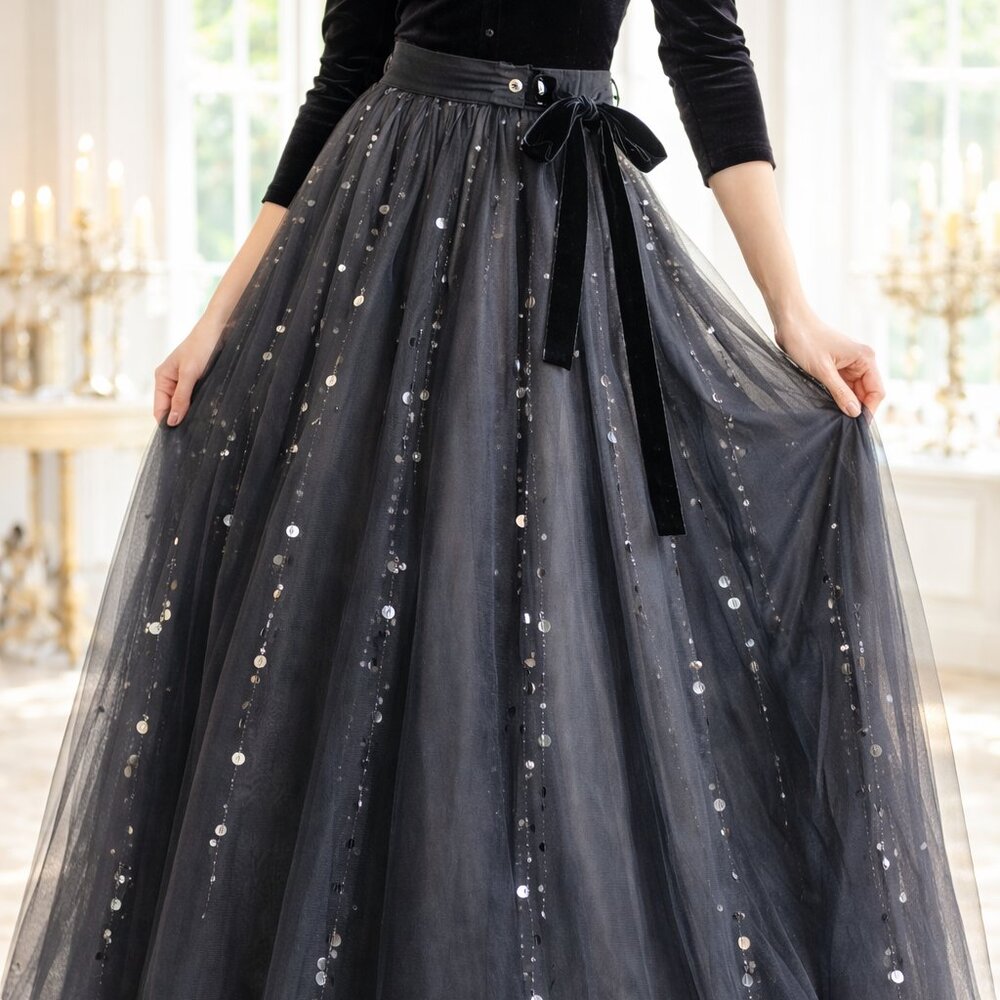 Spanner Black Layered Mesh Beaded Skirt ✨Gothic Victorian Enchantress Grand Ball